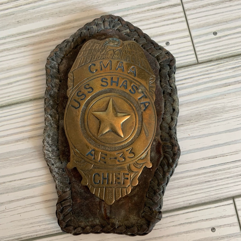 Vintage USS Shasta Chief Badge Leather Backing - Brass Navy Insignia